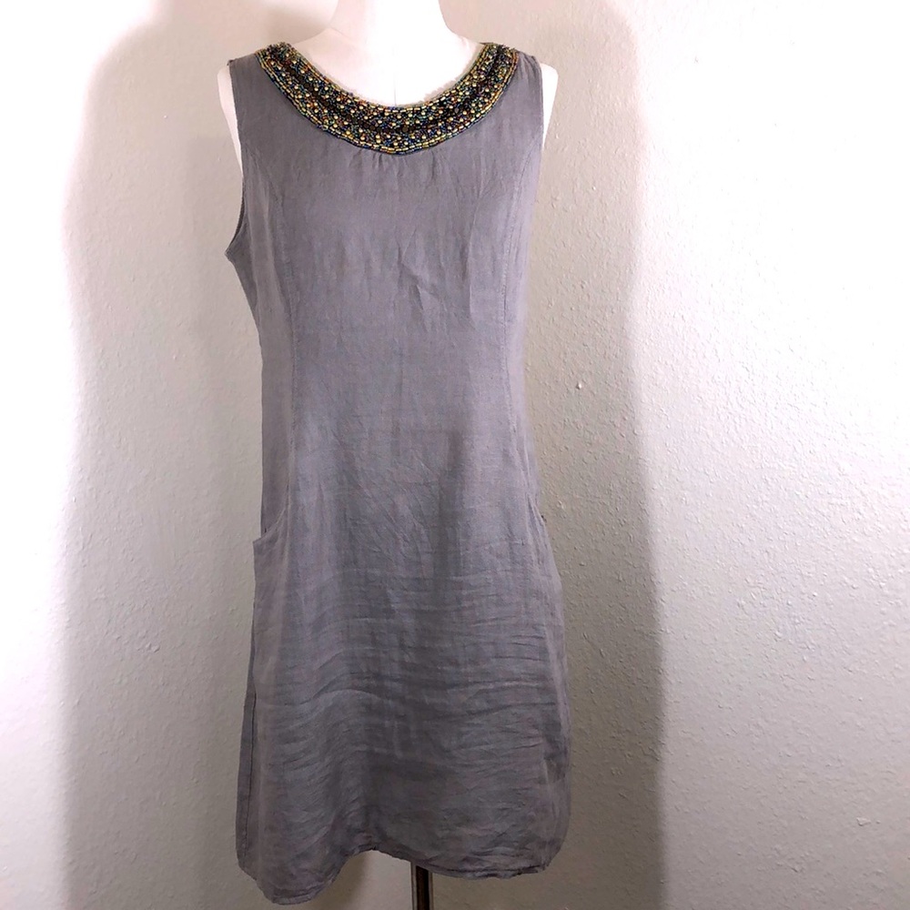 Lina Tomei Beaded Gray Linen Dress